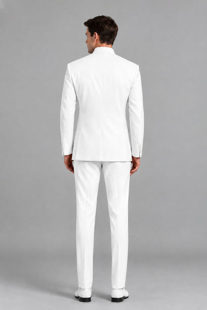Savile Men's White 2-Piece Suit Set – Back view displaying smooth ventless tailoring and tailored trouser break