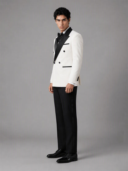 Men's Ivory White Double-Breasted Black Satin Peak Lapel Tuxedo Suit Set | Blazer & Trousers