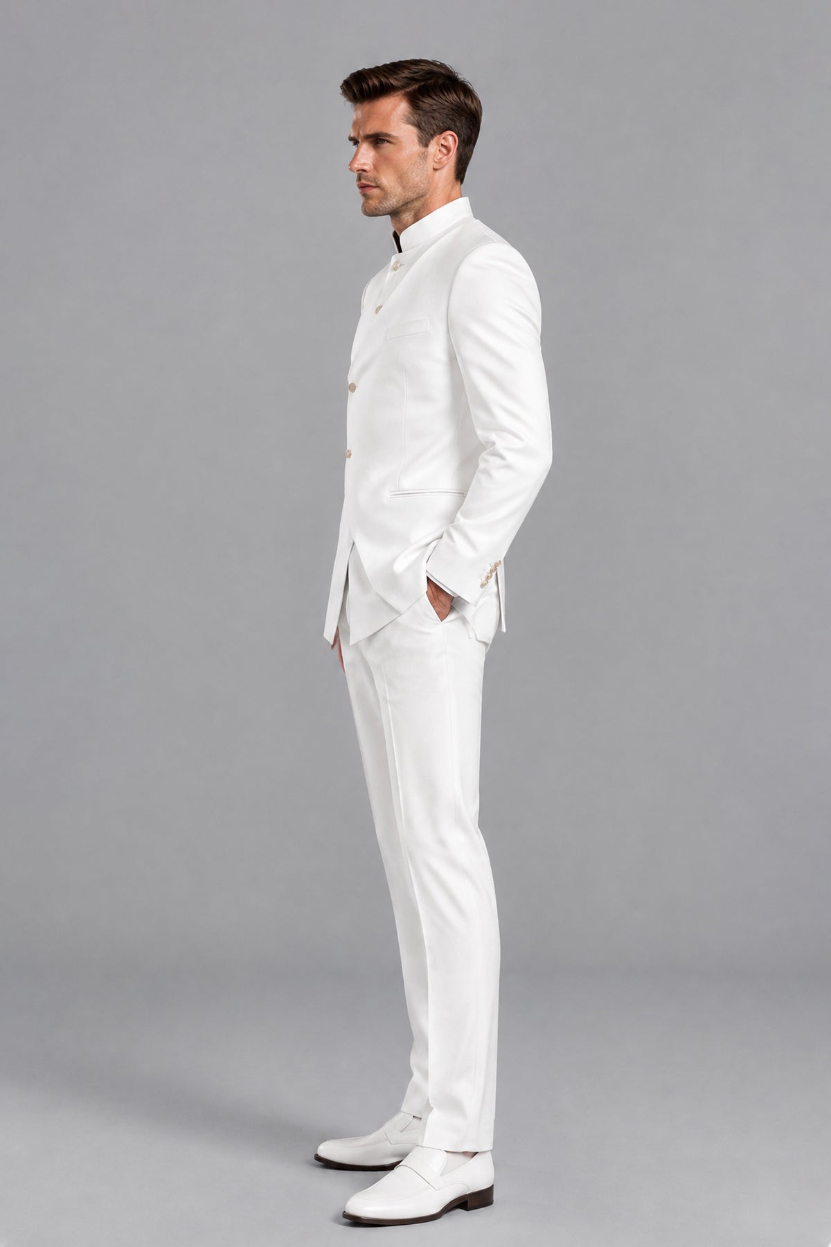 Savile Men's White 2-Piece Suit Set – Side profile view showing tailored slim-fit cut, sleeve drape, and trousers