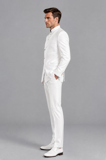 Savile Men's White 2-Piece Suit Set – Side profile view showing tailored slim-fit cut, sleeve drape, and trousers