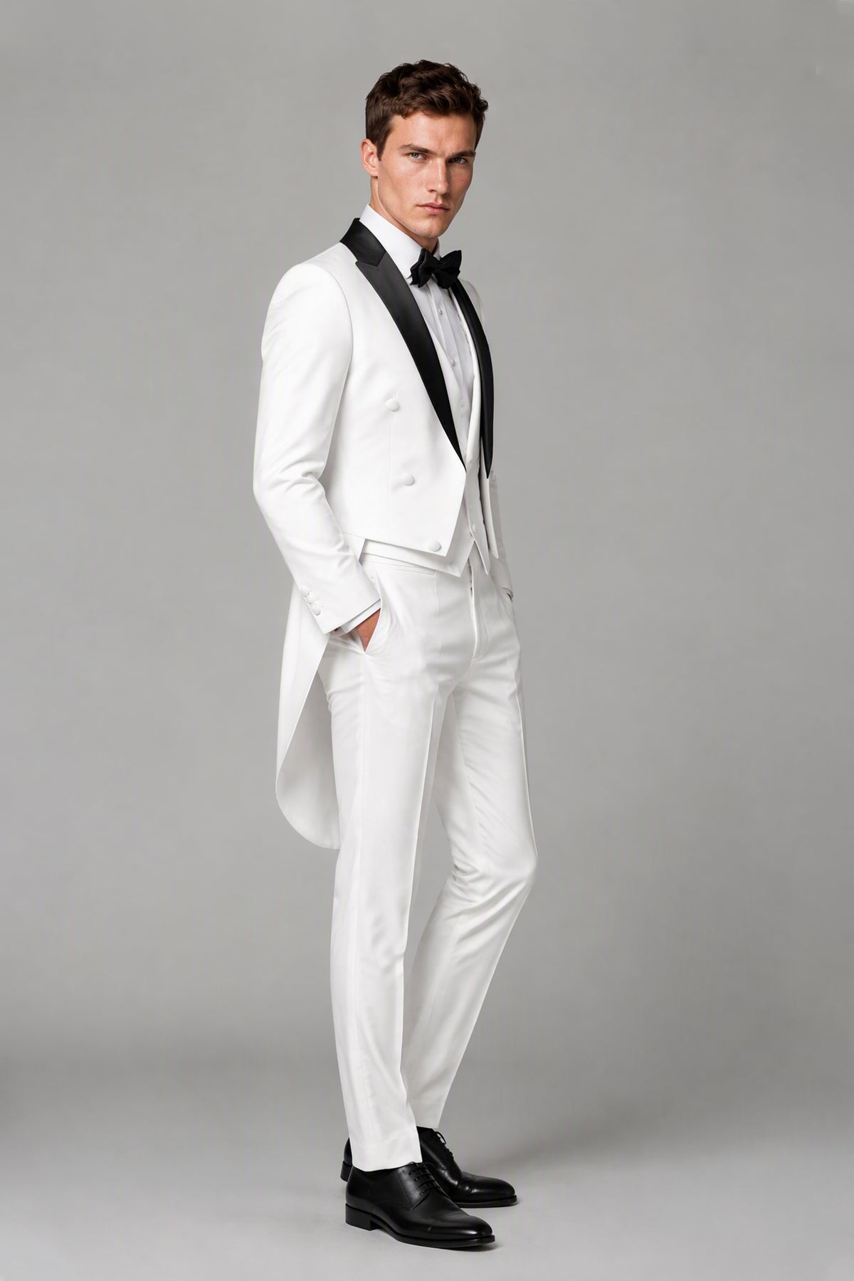 Savile Men's White Tailcoat Tuxedo Suit 3-Piece Set - Side Profile Angle