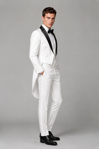 Savile Men's White Tailcoat Tuxedo Suit 3-Piece Set - Side Profile Angle