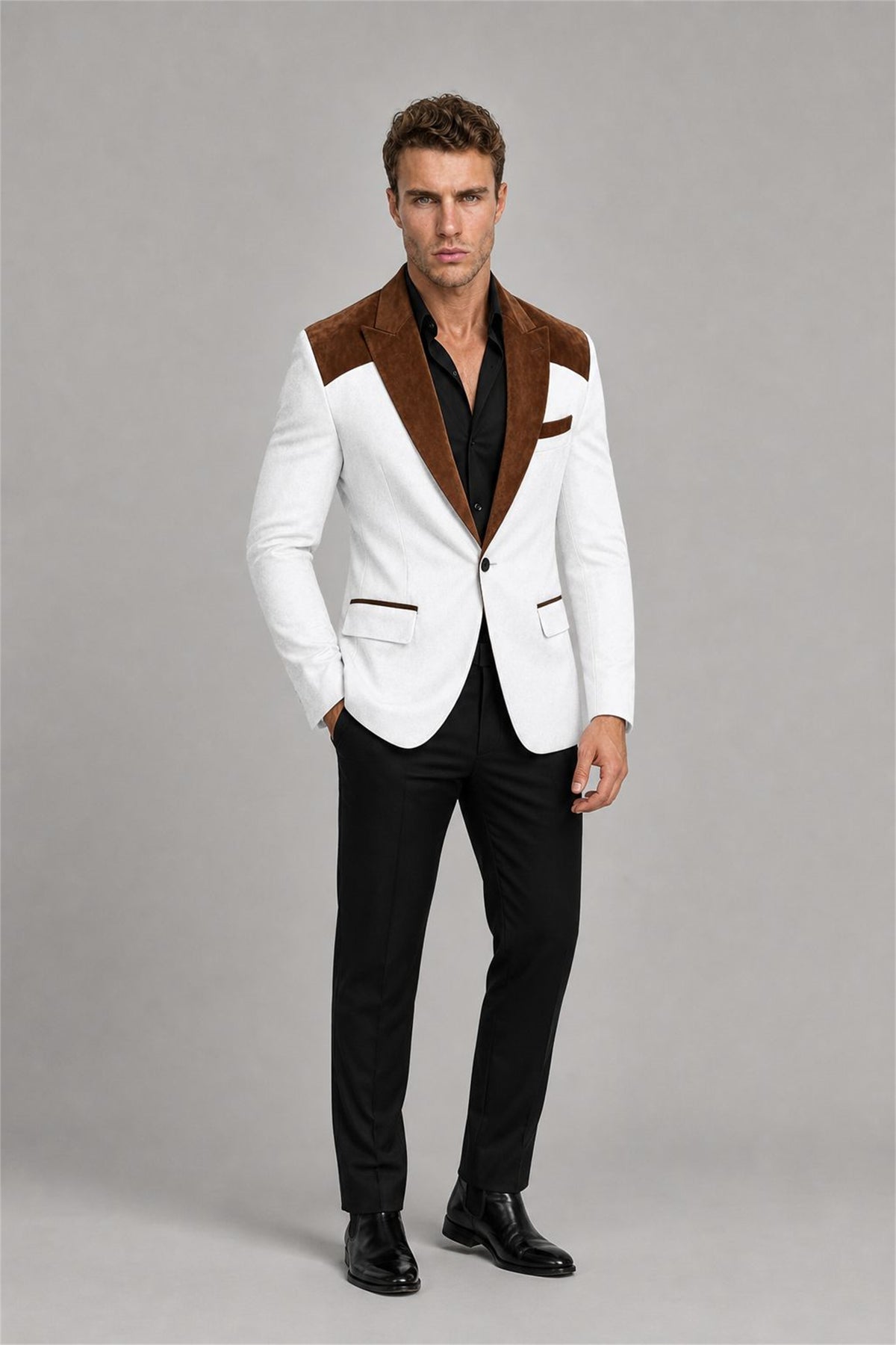 Men's White Velvet Contrast Blazer - Three-Quarter View | Savile AA0001
