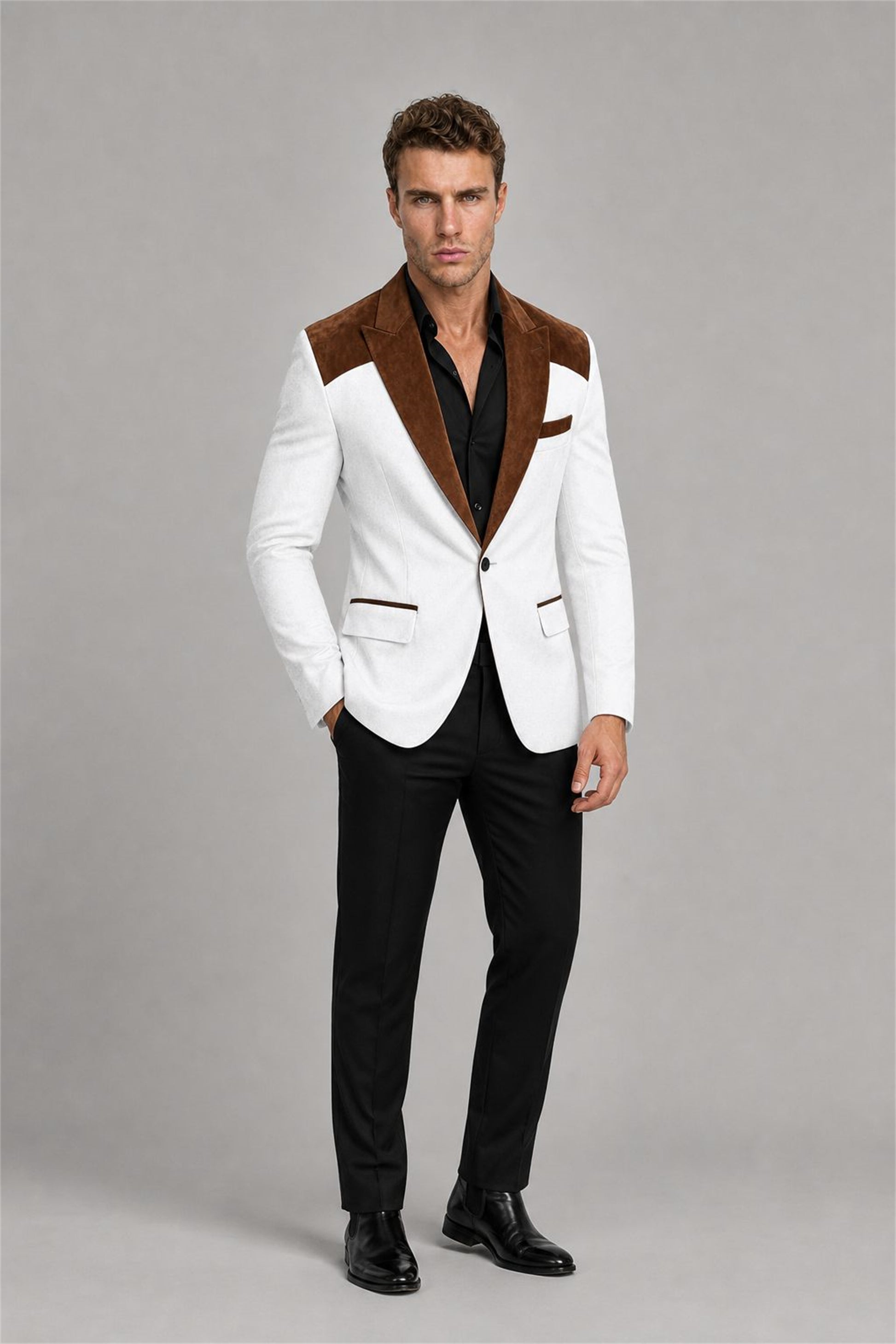 Men's White Velvet Contrast Blazer - Three-Quarter View | Savile AA0001
