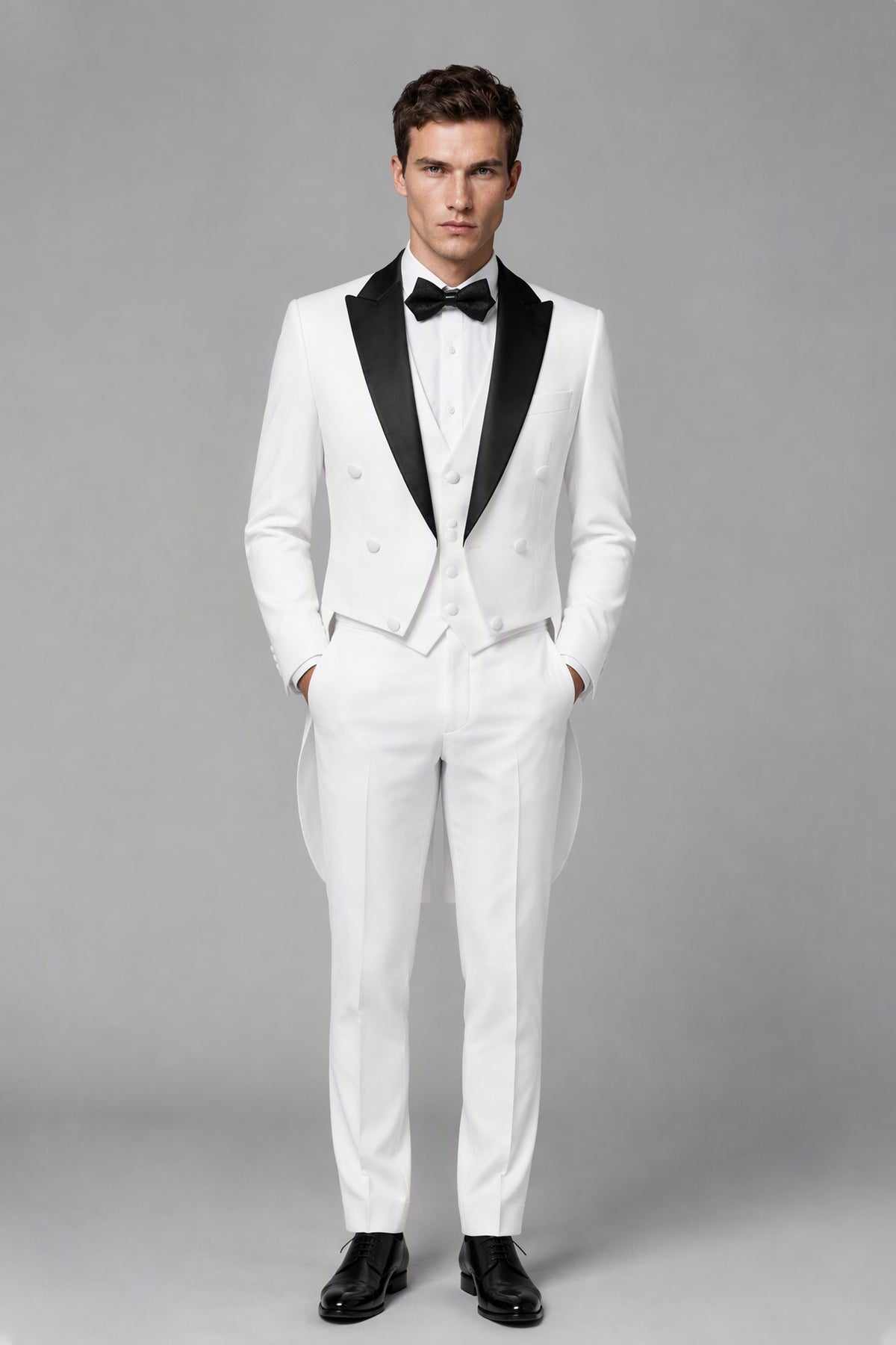 Savile Men's White Tailcoat Suit with Trousers and Waistcoat - Dynamic Full-Length View