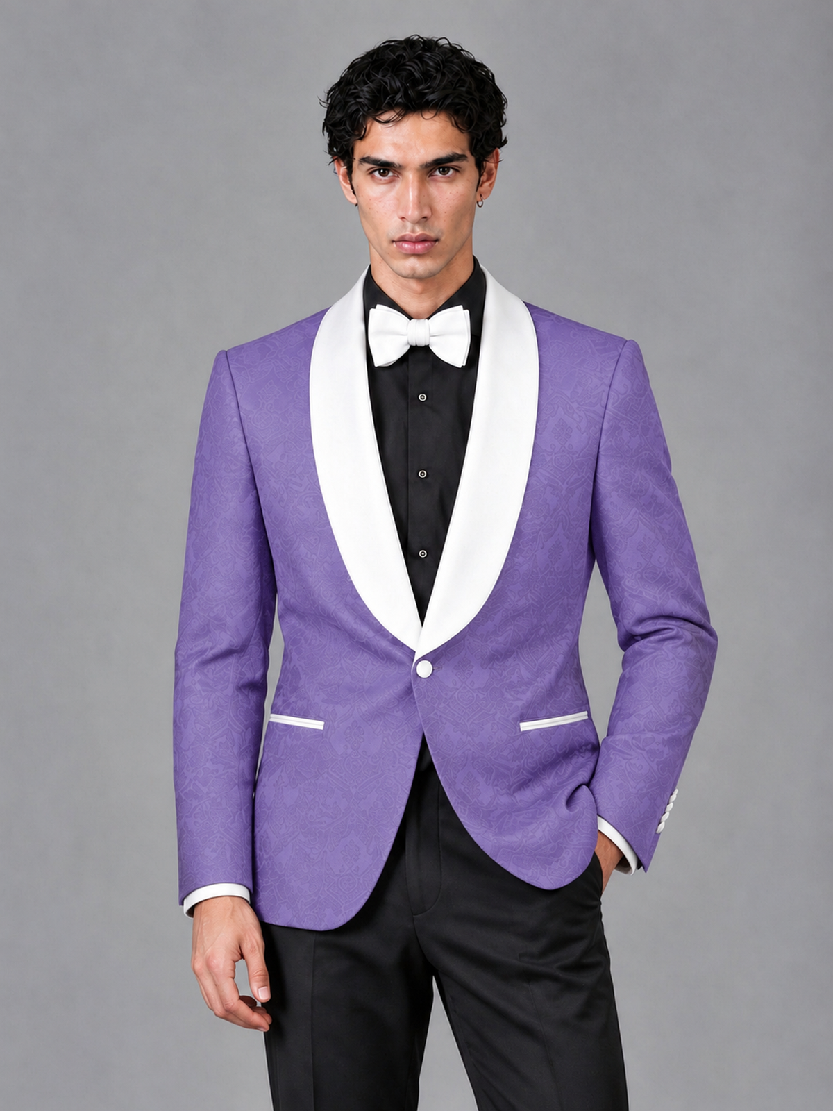 Savile Men's Wisteria Jacquard White Shawl Lapel 2-Piece Tuxedo Suit Set | Jacket & Trousers - Wisteria - Wisteria (1)