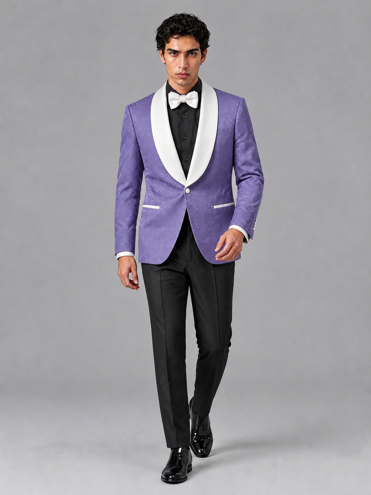 Savile Men's Wisteria Jacquard White Shawl Lapel 2-Piece Tuxedo Suit Set | Jacket & Trousers - Wisteria - Wisteria (3)