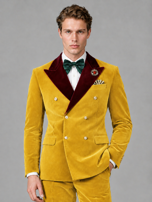 Savile Men's Yellow Velvet Double-Breasted 2-Piece Tuxedo Suit with Burgundy Peak Lapel - Yellow