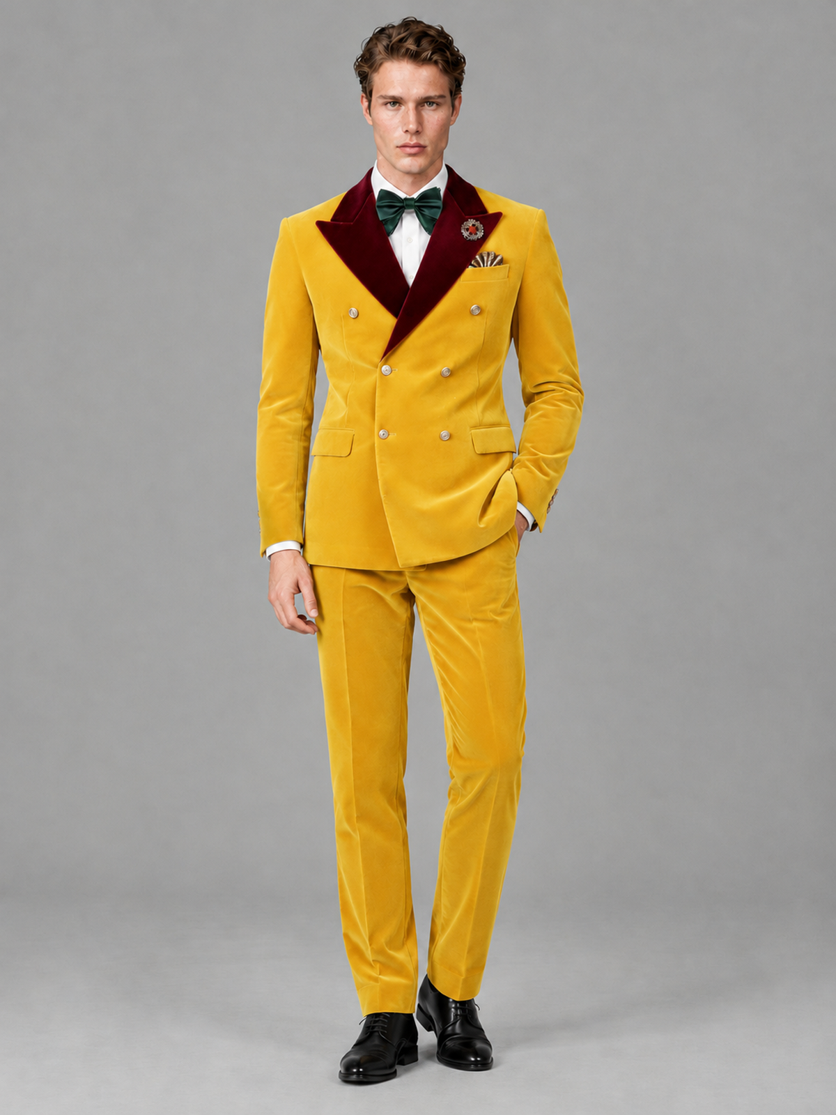 Savile Men's Yellow Velvet Double-Breasted 2-Piece Tuxedo Suit with Burgundy Peak Lapel - Yellow