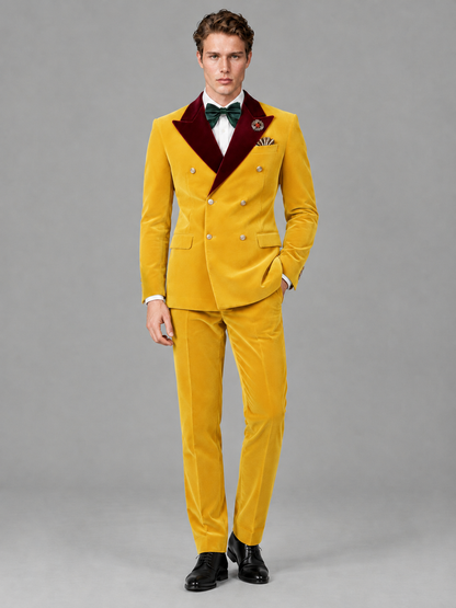 Savile Men's Yellow Velvet Double-Breasted 2-Piece Tuxedo Suit with Burgundy Peak Lapel - Yellow