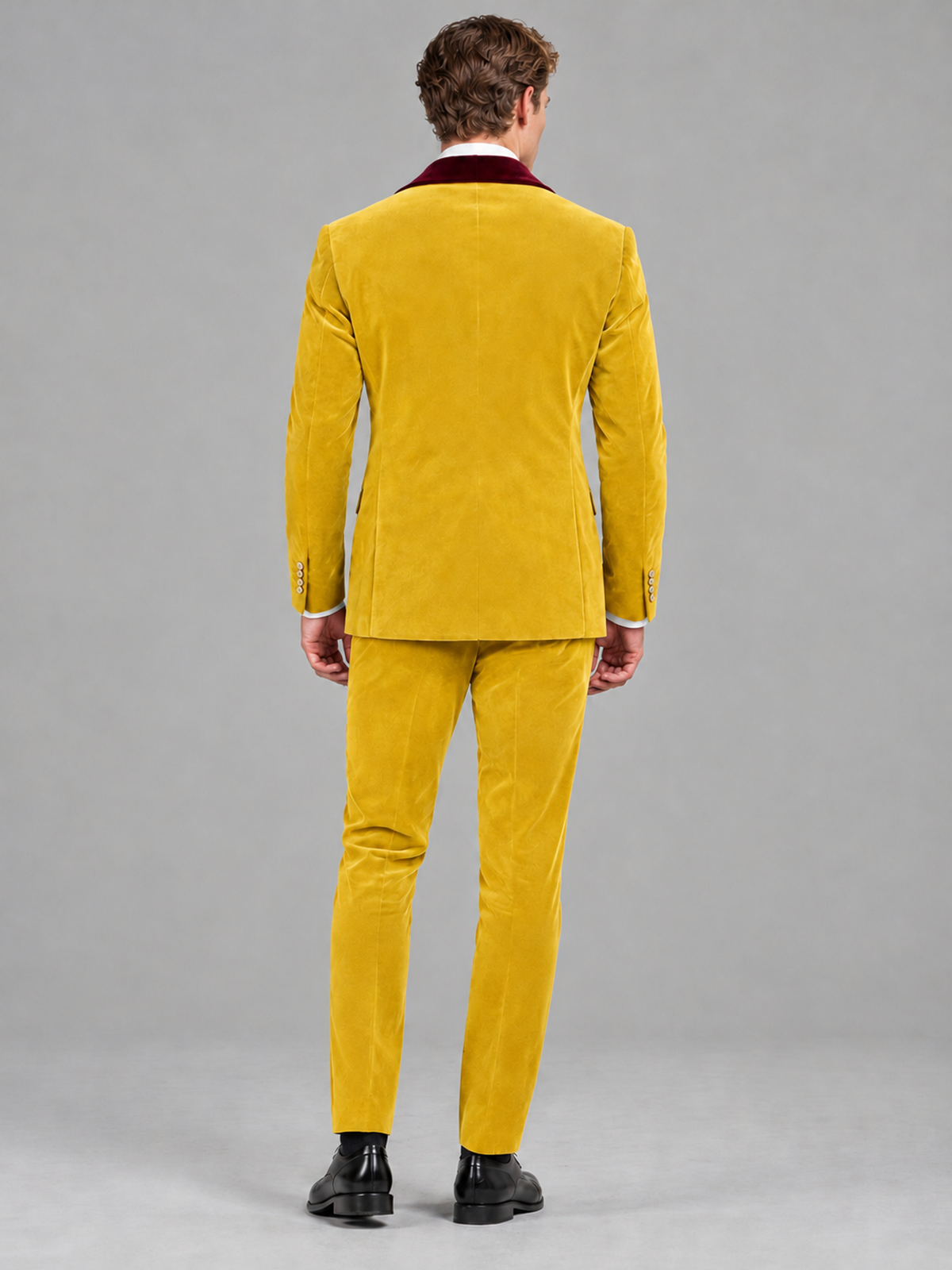 Savile Men's Yellow Velvet Double-Breasted 2-Piece Tuxedo Suit with Burgundy Peak Lapel - Yellow
