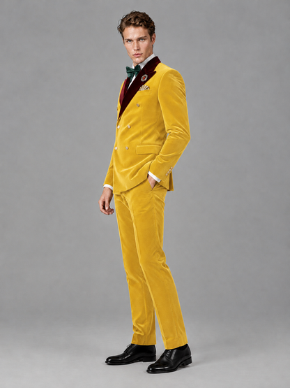 Savile Men's Yellow Velvet Double-Breasted 2-Piece Tuxedo Suit with Burgundy Peak Lapel - Yellow