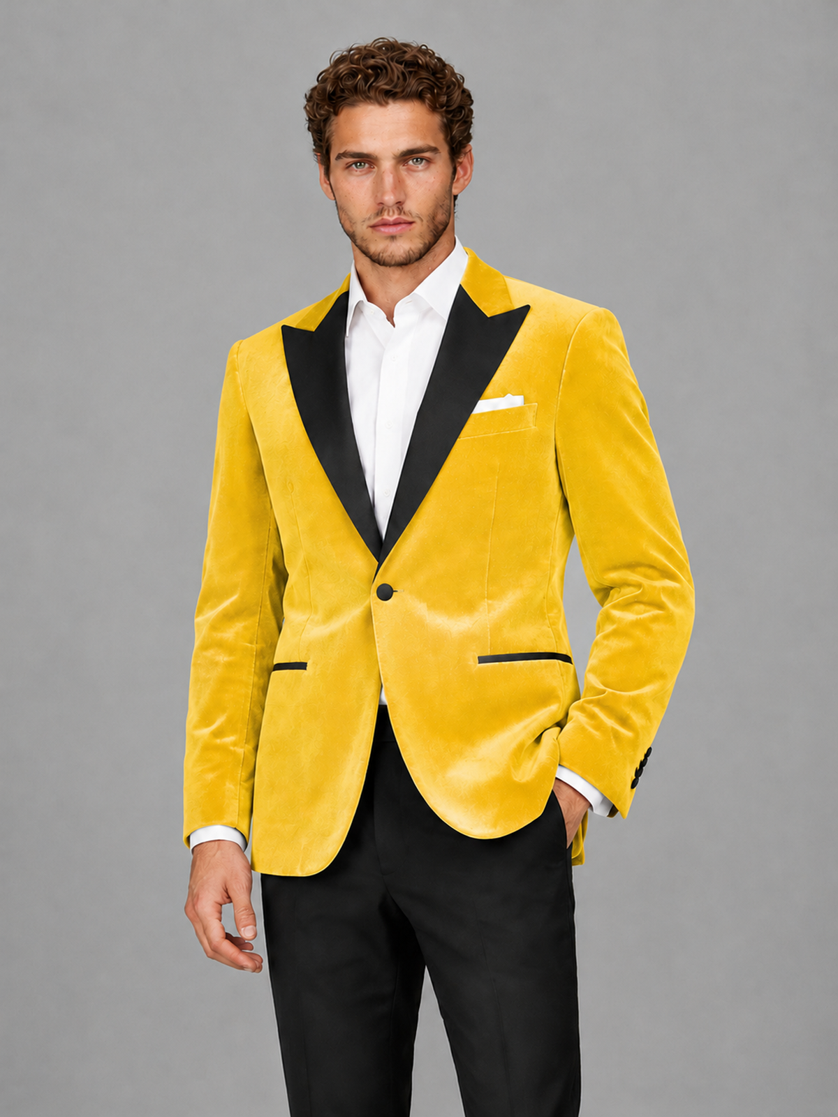 Savile Men's Yellow Velvet Peak Lapel 2-Piece Tuxedo Suit Set | Jacket & Trousers - Yellow