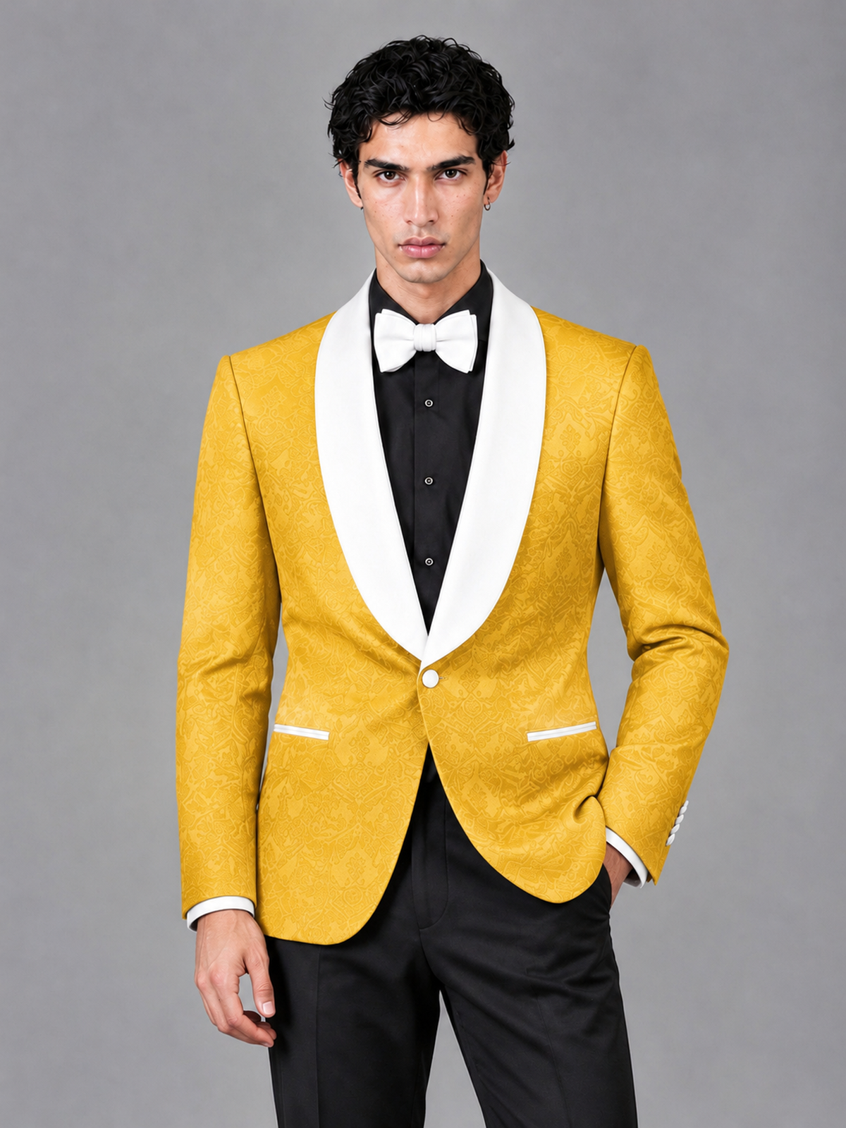 Savile Men's Yellow Jacquard White Shawl Lapel 2-Piece Tuxedo Suit Set | Jacket & Trousers - Yellow - Yellow (1)