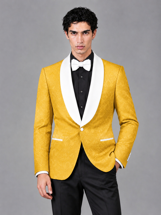Savile Men's Yellow Jacquard White Shawl Lapel 2-Piece Tuxedo Suit Set | Jacket & Trousers - Yellow - Yellow (1)