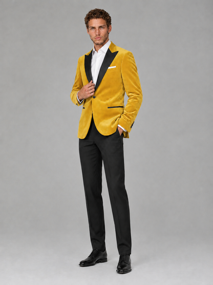 Savile Men's Yellow Velvet Peak Lapel 2-Piece Tuxedo Suit Set | Jacket & Trousers - Yellow