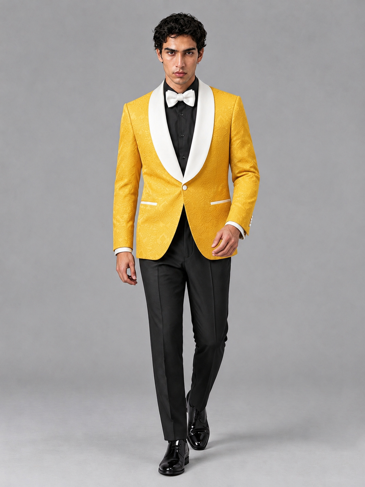 Savile Men's Yellow Jacquard White Shawl Lapel 2-Piece Tuxedo Suit Set | Jacket & Trousers - Yellow - Yellow (3)