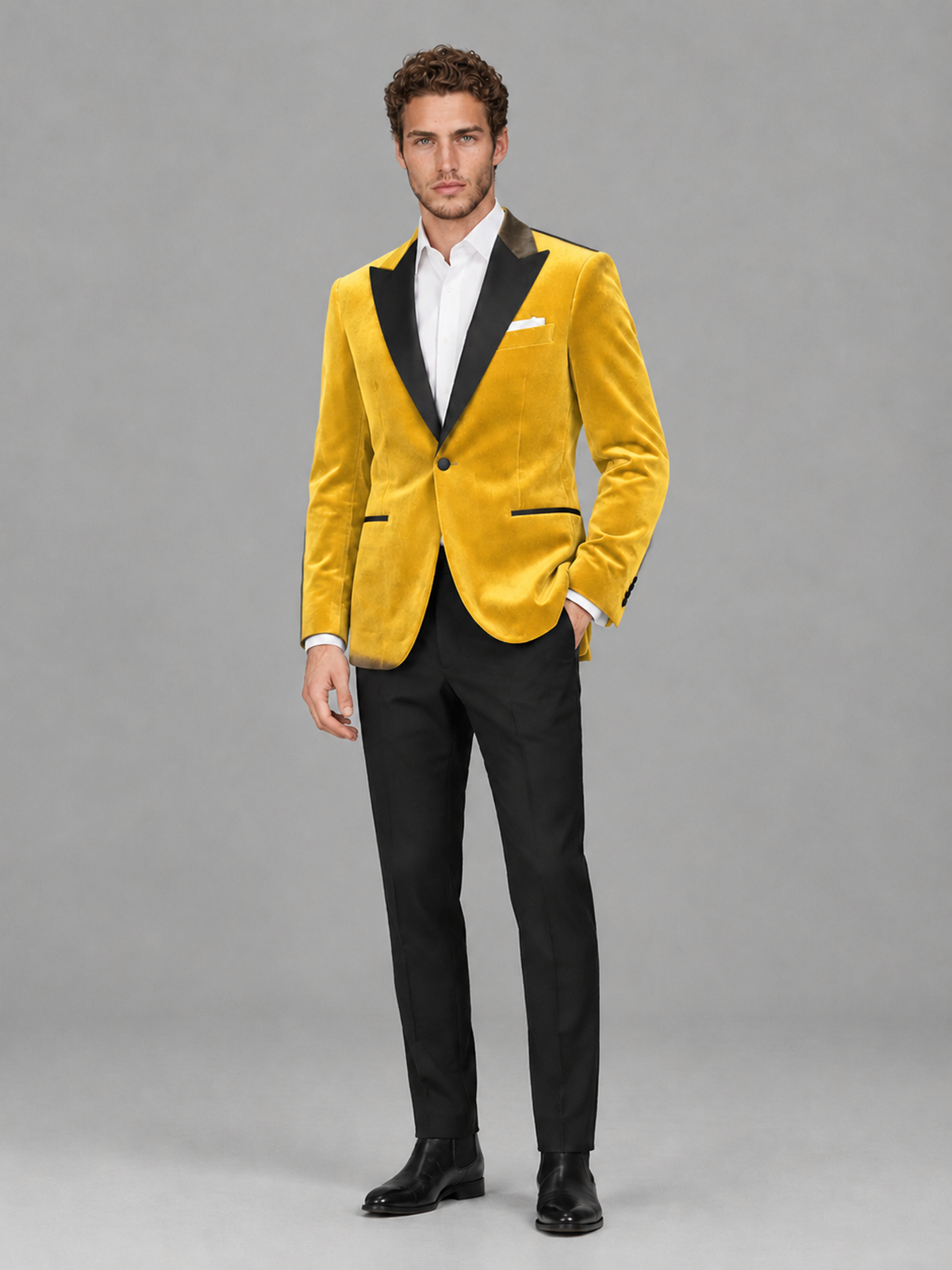 Savile Men's Yellow Velvet Peak Lapel 2-Piece Tuxedo Suit Set | Jacket & Trousers - Yellow