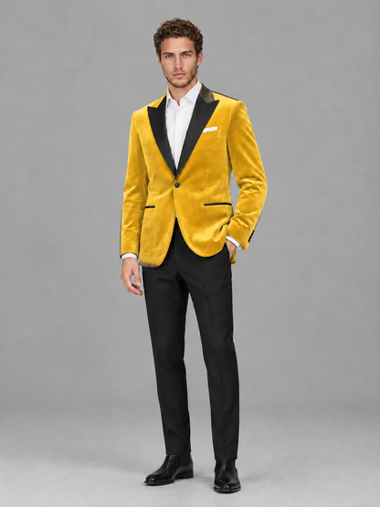 Savile Men's Yellow Velvet Peak Lapel 2-Piece Tuxedo Suit Set | Jacket & Trousers - Yellow