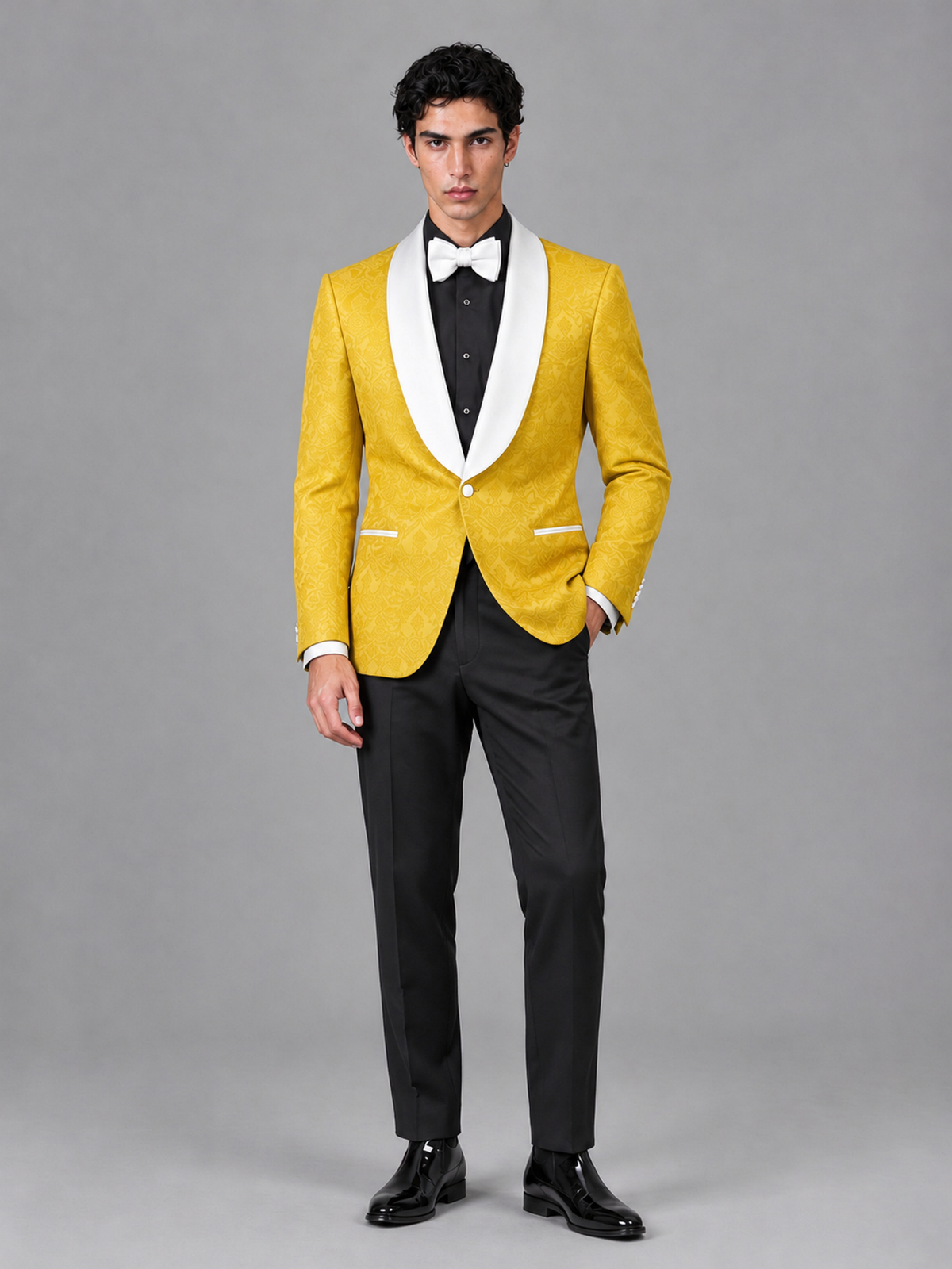 Savile Men's Yellow Jacquard White Shawl Lapel 2-Piece Tuxedo Suit Set | Jacket & Trousers - Yellow - Yellow (4)