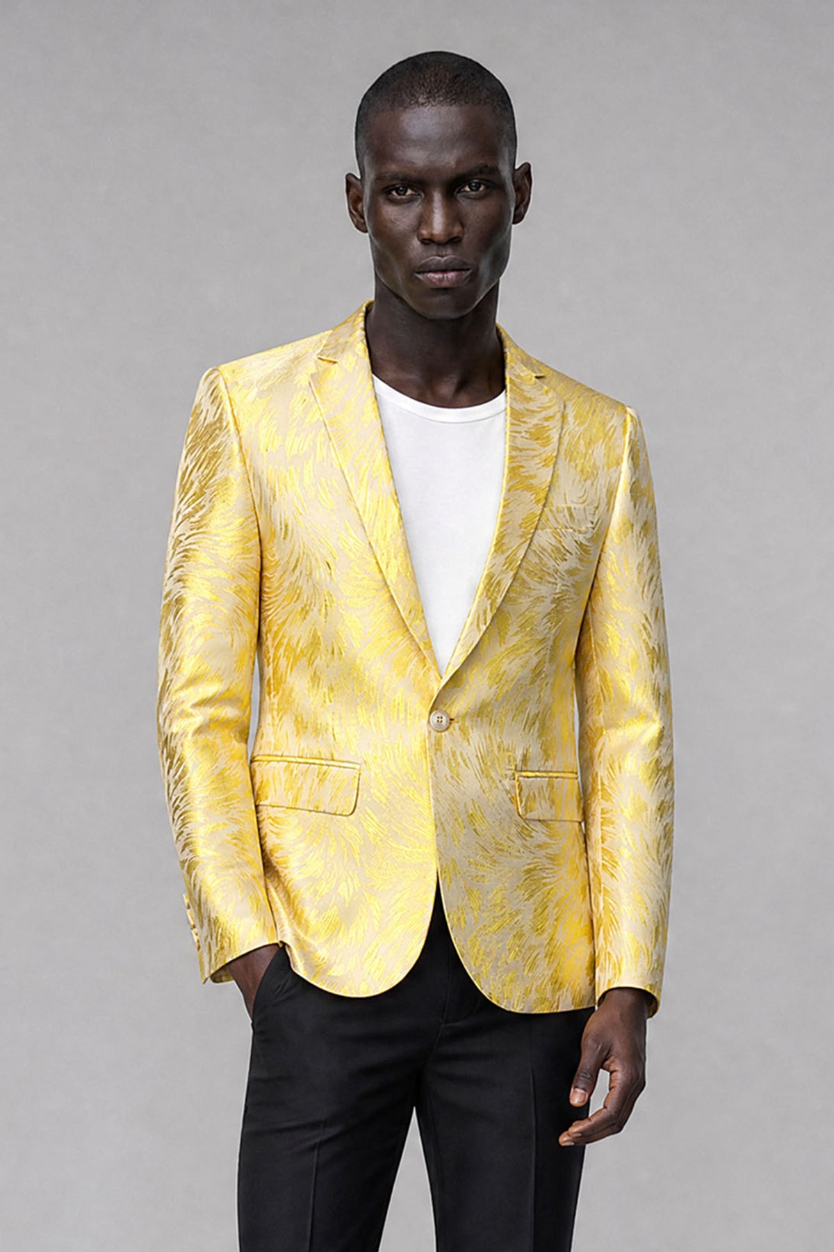 Savile yellow textured men's blazer front close-up showing notch lapels and one-button closure