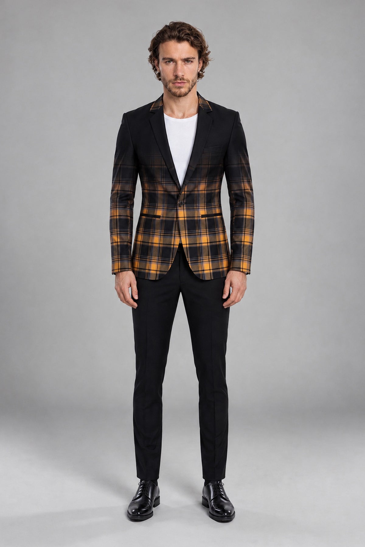 Savile Men's Amber Gold & Navy Tartan Blazer | Slim-Fit Plaid Check Jacket with Notch Lapel