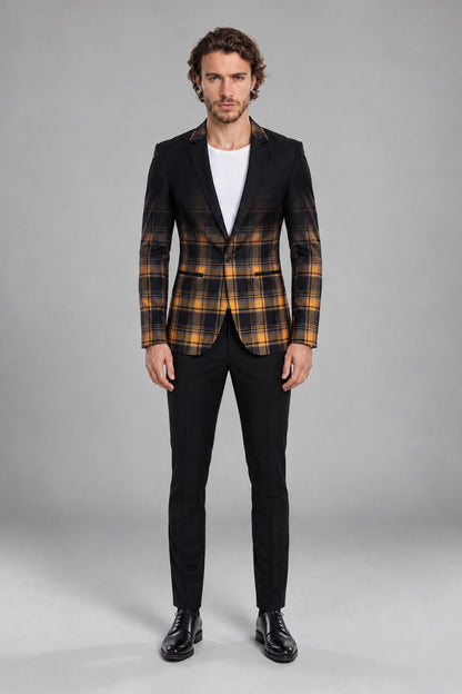 Savile Men's Amber Gold & Navy Tartan Blazer | Slim-Fit Plaid Check Jacket with Notch Lapel