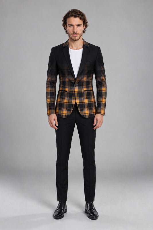 Savile Men's Amber Gold & Navy Tartan Blazer | Slim-Fit Plaid Check Jacket with Notch Lapel