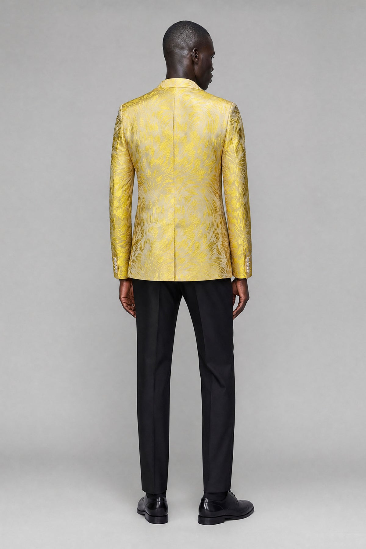 Savile yellow long-sleeve blazer modeled in a walking front view