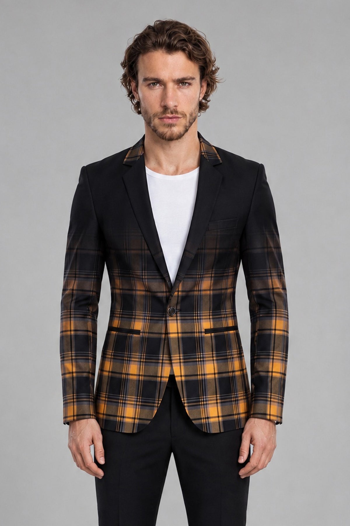 Savile Men's Amber Gold & Navy Tartan Blazer | Slim-Fit Plaid Check Jacket with Notch Lapel