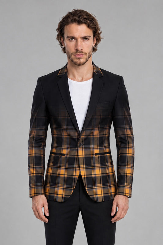 Savile Men's Amber Gold & Navy Tartan Blazer | Slim-Fit Plaid Check Jacket with Notch Lapel