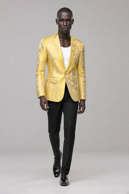 Savile yellow patterned blazer full-length front view with black trousers for styling