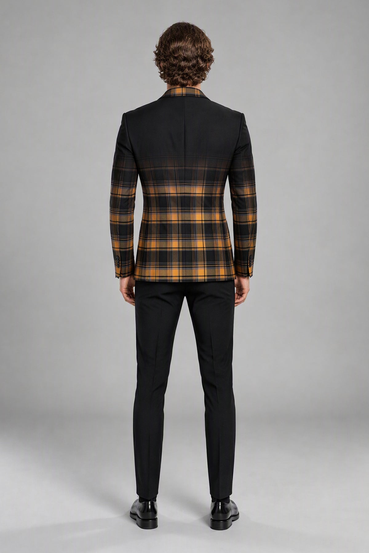 Savile Men's Amber Gold & Navy Tartan Blazer | Slim-Fit Plaid Check Jacket with Notch Lapel