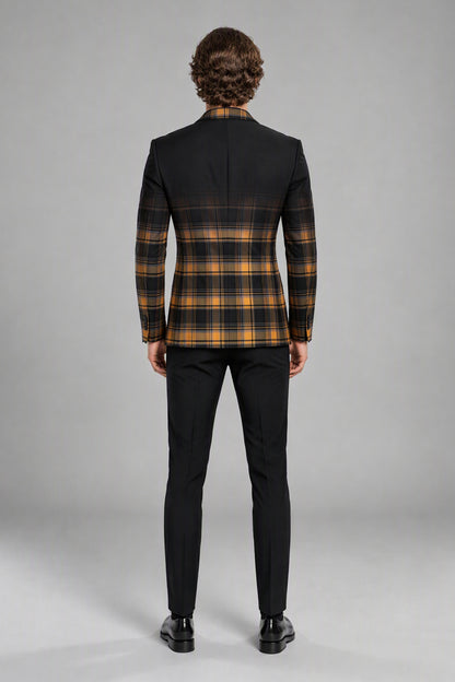 Savile Men's Amber Gold & Navy Tartan Blazer | Slim-Fit Plaid Check Jacket with Notch Lapel