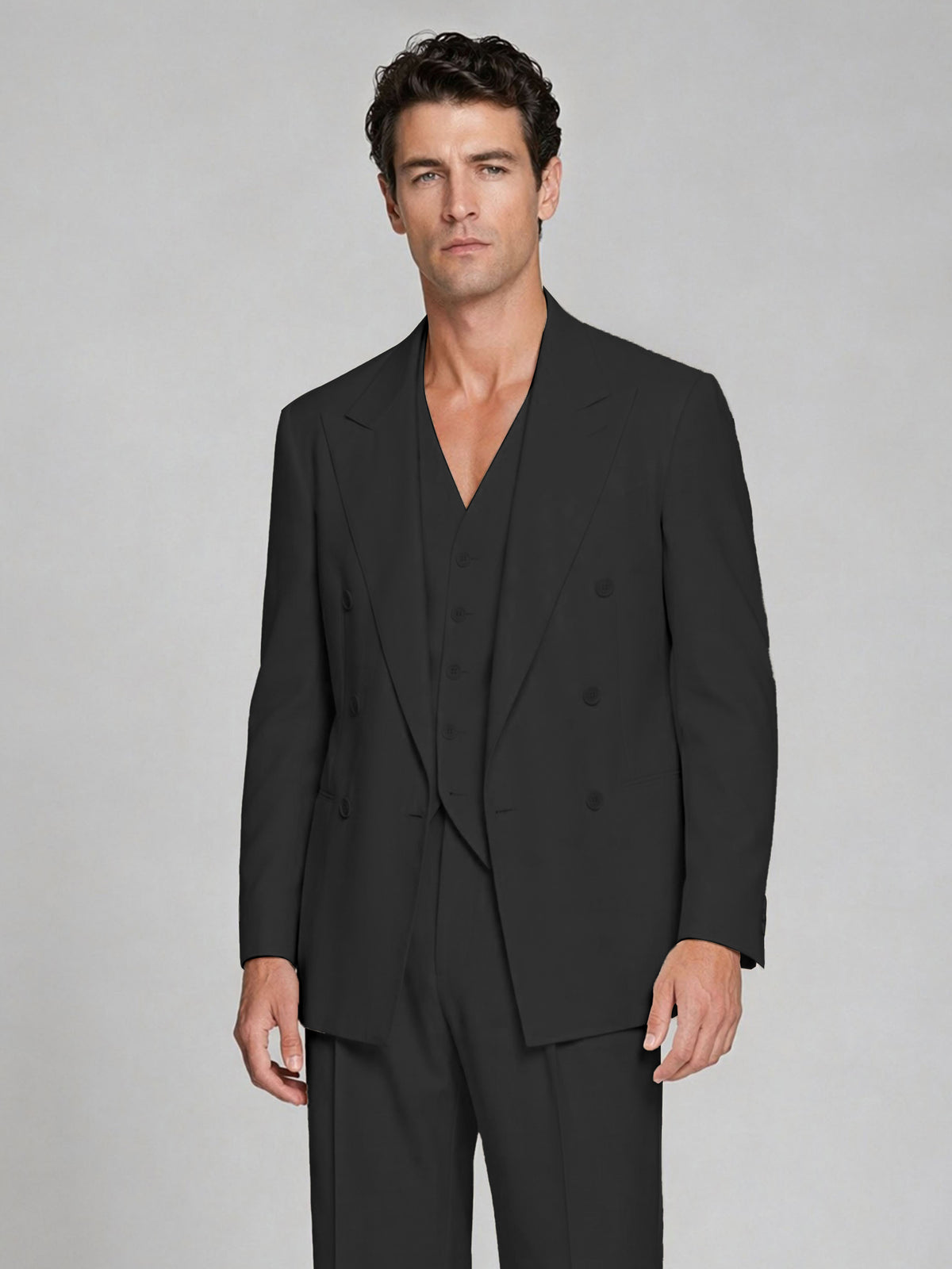 Men's black Double-Breasted 2-Piece Suit – Peak Lapel Wedding & Beach Formal Set with Vest - black