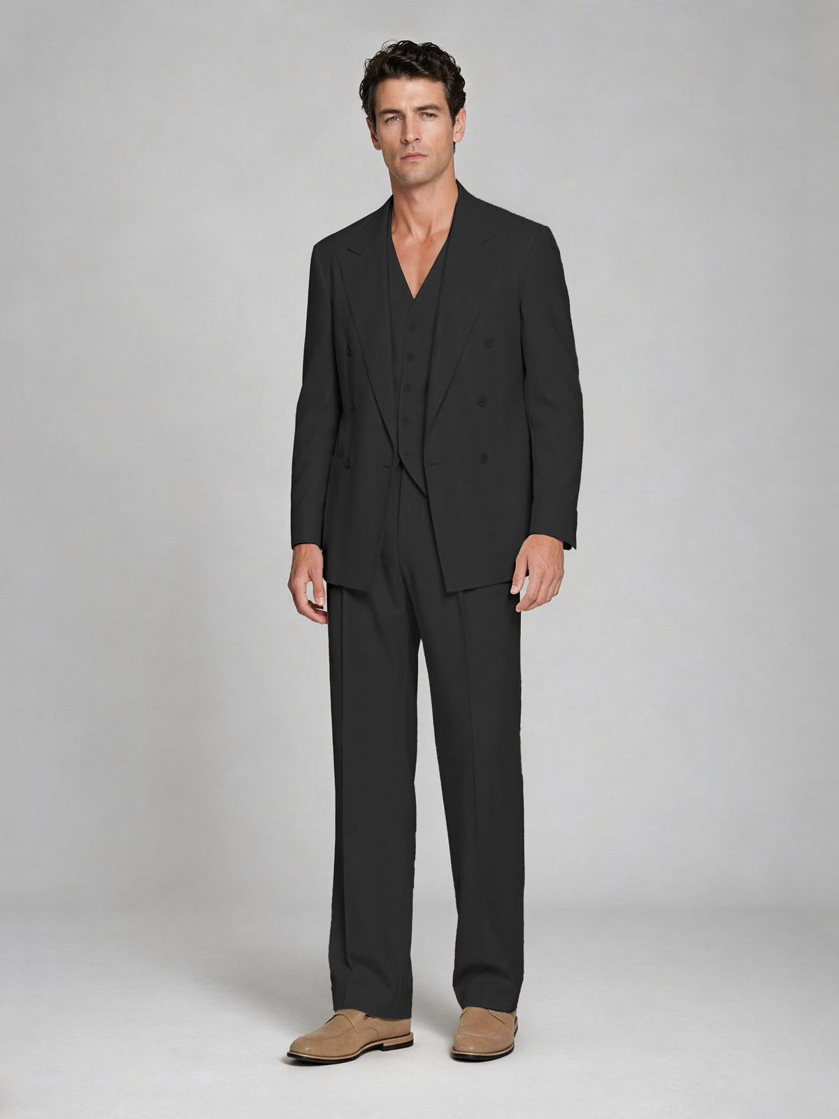 Men's black Double-Breasted 2-Piece Suit – Peak Lapel Wedding & Beach Formal Set with Vest - black