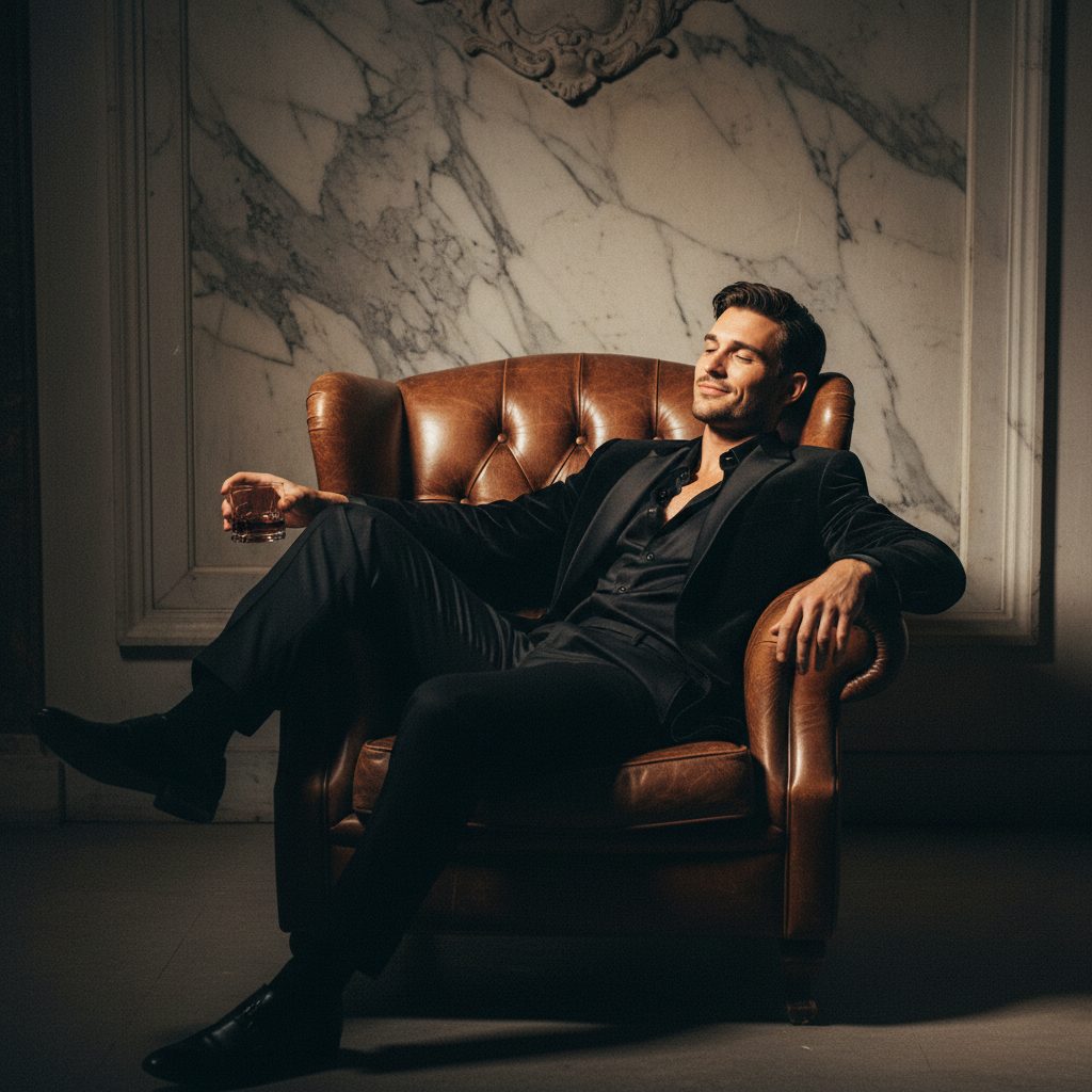 Man in a black velvet tuxedo seated in a marble-lined private lounge