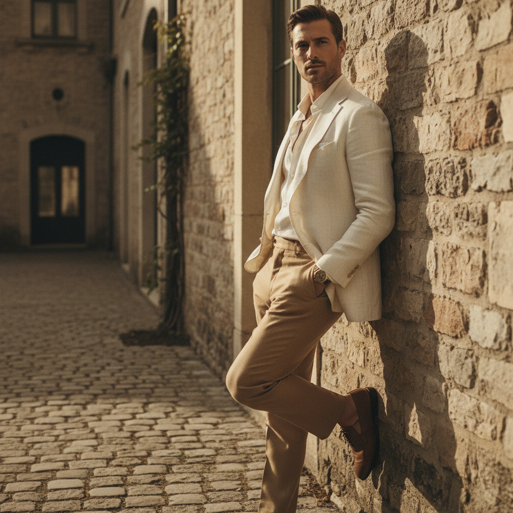 Man in an ivory blazer at a European stone estate