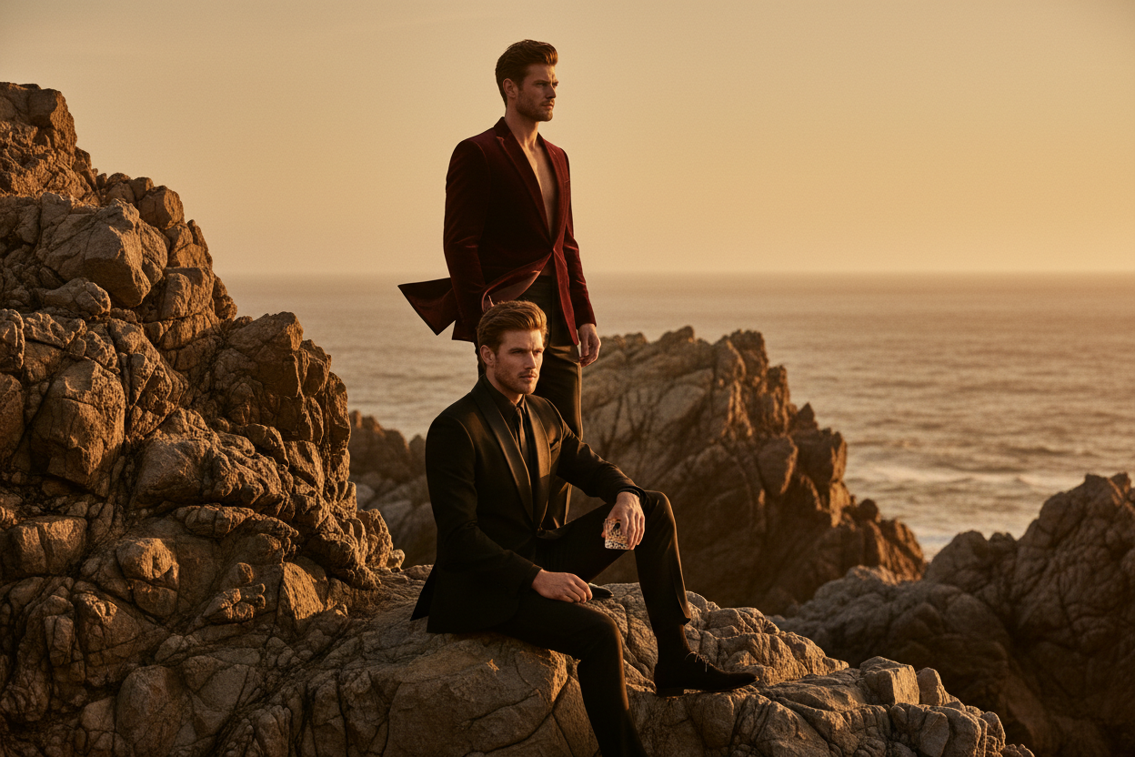 Men in burgundy velvet and black evening tailoring on coastal rocks at sunset