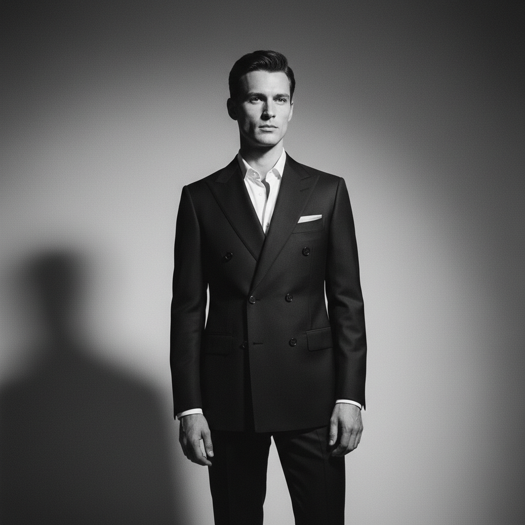 Black and white portrait showing the construction of a double-breasted suit
