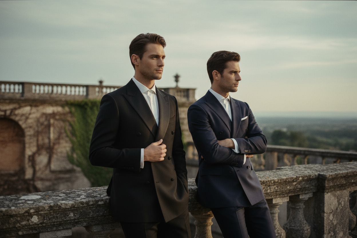 Two men in formal wedding suits on a grand manor terrace