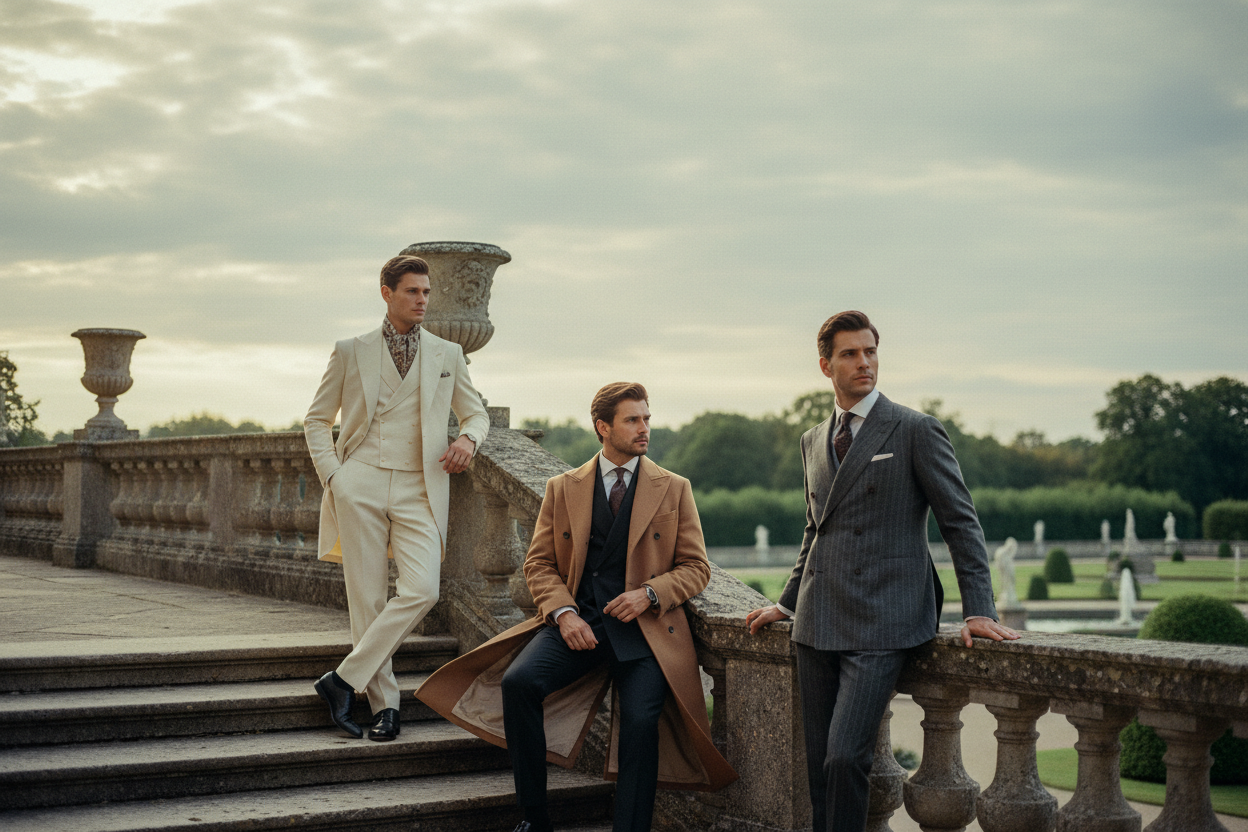 Men in formal wedding tailoring on a grand manor terrace
